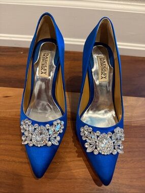 Badgley Mischka Cobalt Blue Satin Pointed-Toe Pumps with Crystal Brooch